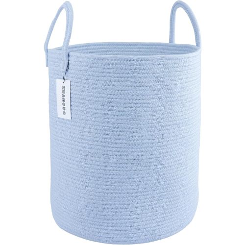 Cotton Rope Laundry Basket Hamper for Clothes Woven Storage Basket for Living Room Bedroom Boho Tall Rope Baskets for Blanket Toys Pillow Towels Baby Nursery Hamper Bin light blue