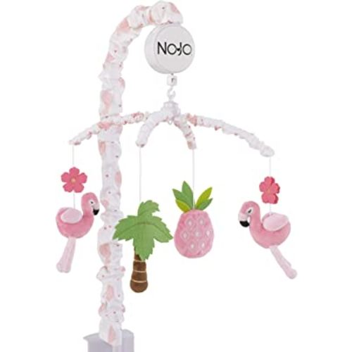 Nojo Tropical Flamingo Nursery Crib Musical Mobile With Plush Pink Flamingos, Flowers, Palm Tree & Pineapple, Pink, White, Green