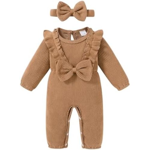 Happy Town Baby Girl Romper Infant Fall Winter Clothes Ruffle Sweater Long Sleeve Bodysuit Jumpsuit and Headband