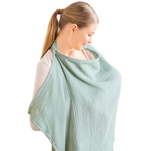 Konssy Muslin Nursing Cover for Baby Breastfeeding, Breathable 100% Cotton Breastfeeding Cover with Rigid Hoop for Mother Nursing Apron, Multi-use Carseat Canopy (Green)