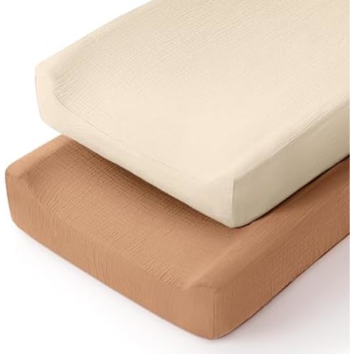 lulumoon Housse pour matelas à langer pour bébé : Housse de table à langer en mousseline - Draps de matelas à langer pour filles et garçons (Beige & Caramel)