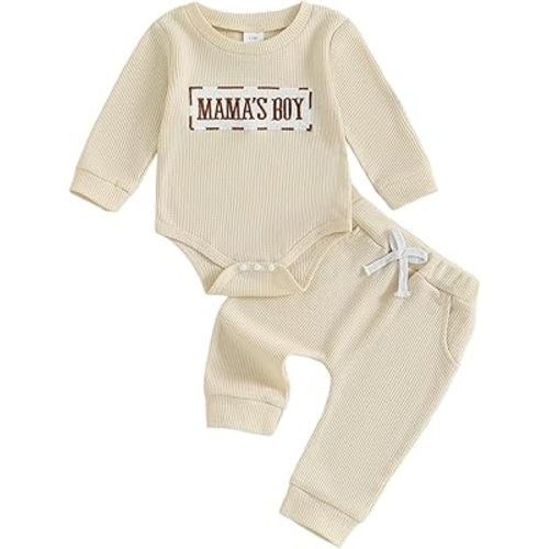 MERSARIPHY Newborn Baby Boy Fall Winter Clothes Mama's Boy Little Dude Outfit Embroidery Waffle Knit Romper Pants Sets