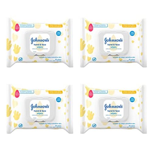 Johnson's Baby Hand & Face Baby Sanitizing Cleansing Wipes for Travel and On-The-Go, No More Tears Formula, Paraben and Alcohol Free, 25 ct, Case of 4