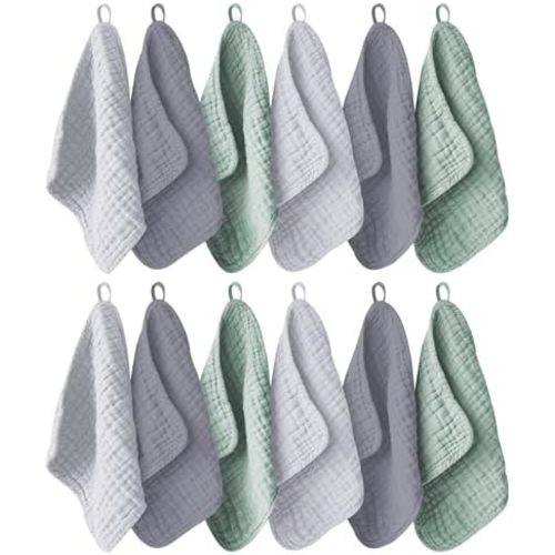 Ease Cubs 12 Pack Muslin Washcloths for Baby - 100% Cotton Baby Wash Cloths for or Baby Face Body Comfy and Soft for Newborn Infants Kids Girls and Boys - 12"x12" - Grey, Green and Slate