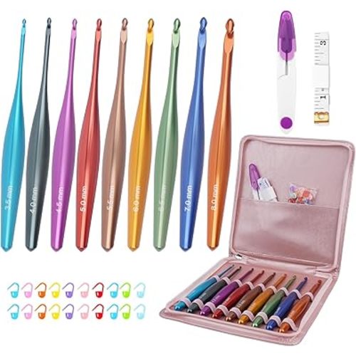 BsHooker Inline Crochet Hook Set Ergonomic Aluminum Crochet Hooks with Case Crochet Set for Arthritic Hands,Crcohet Gift for Beginner(3.5mm-8mm)
