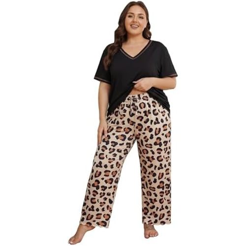 Vozanet Women's Plus Size Pajama Sets Short Sleeve Long Pants Solid Color with Piping Trim Elegant Loungewear Cozy Sleepwear