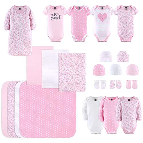 The Peanutshell Newborn Layette Gift Set for Baby Girls | 23 Piece Newborn Girl Clothes & Accessories Set | Fits Newborn to 3 Months | Floral Pink