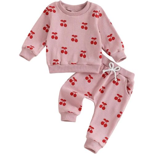 Kaipiclos Baby Girl Clothes Toddler Fall Outfits Sweatshirt Pants Waffled Cherry Outfit Baby Clothes for Girls 6 12 18 24M 3T