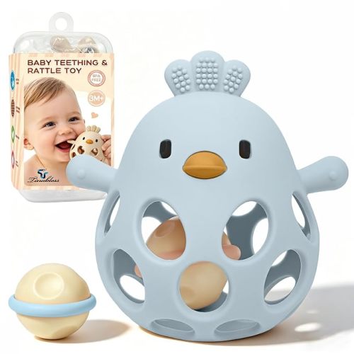 Tinabless 2-in-1 Baby Teething Rattle Toy, Easy Grip Silicone Teether for Babies 3-12 Months, BPA-Free Sensory Grasping Chew for Sore Gums, Infant Shower Gift (Blue w/Rattle)