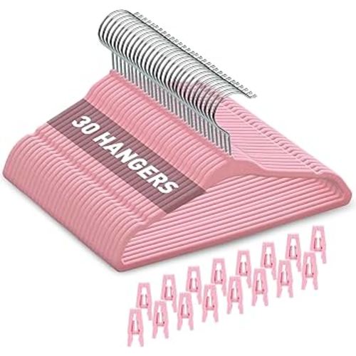 Velvet Baby Hangers with Clips (30 Pack) | 11” Ultra-Slim Baby Clothes Hangers | Non-Slip Felt | Space-Saving Nursery & Infant Closet Organizer | Pink