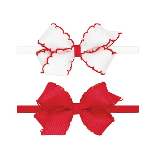 Wee Ones Girls' GIFT PACK Two Mini Moonstitch Grosgrain Bows on Skinny Nylon Band, Mini, White and Red
