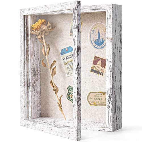 Califortree 8x10 Shadow Box Frame with Linen Back - Real Glass, Push Pins Included, Sturdy Rustic Memory Display Case, Fits 6.8x8.8 Inserts, Distressed White