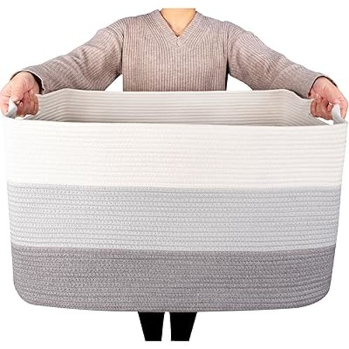 MINTWOOD Design 22in Extra Large Blanket Basket Holder Living Room, Rectangle Rope Woven Storage Basket with Handles for Laundry, Pool Towels, and Shoes, Dog Toy Organizer Bin Box, 3-Tone Light Gray