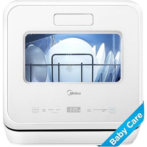Midea MDC17P4CWW Portable Countertop Mini 5L Built-in Water Tank, Baby Care, No Hookup Needed, 360° Dual Spray,High-Temp wash, Dishwasher for Apartments& RVs, White, Whole