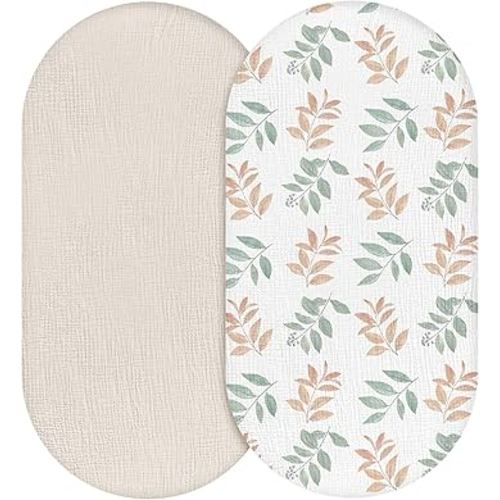 Muslin Bassinet Fitted Sheets, 2 Pack for Baby Boy and Girl, Soft Breathable Stretchy Baby Pad/Mattress Sheet Set, Universal Fit for Hourglass Oval and Rectangle Bassinet Mattress (Bright Leaves)
