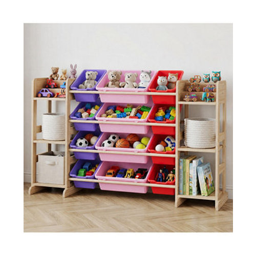 Kids Toy Storage Organizer 52.3" Wide Solid Wood Bookshelf Cabinet with 12 Removable Bins and 6 Shelves Cubby Storage