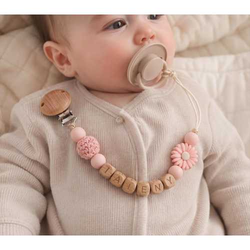 Personalized Wooden Pacifier Clip, Custom Baby Name Holder, Beech Wood Silicone Beads