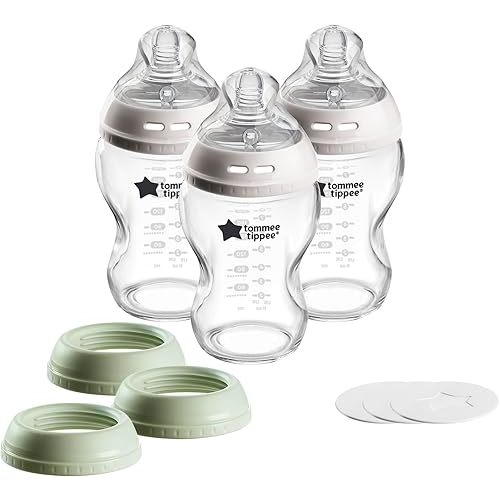 Tommee Tippee Natural Start 9 oz Glass Baby Bottles, Self Sterilizing, BPA & Phthalates Free, 0+ Months, Slow Flow Breast-Like Nipple for a Natural Latch, Travel Jar Lids, Cup Rings, Pack of 3