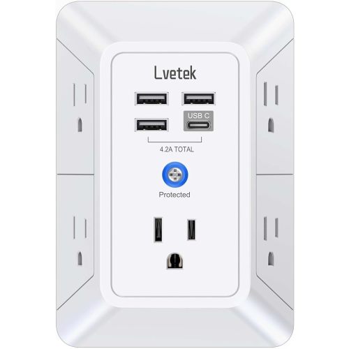 5 Outlet Extender Multi Plug Wall Outlets with 4 USB Charging Ports (1 USB C Outlet), 3 Sided 1680J Surge Protector Power Strip USB Wall Charger for Home, Office, Travel, ETL Listed, White