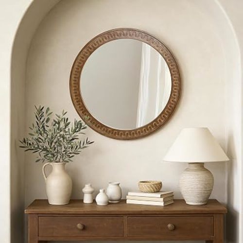LuxenHome 25.8" Round Mirror, Farmhouse Wooden Decorative Mirrors for Wall, Accent Entryway Wall Mirror, Wall Mounted Mirror for Living Room