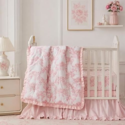 Brandream Organic Cotton Crib Bedding Set for Girls 3 Pieces Baby Boho Ruffled Quilted Comforter with Fitted Sheet, Bed Skirt - Cute French Cottage Botanical Rose Bow Baby Bedding, Light Pink
