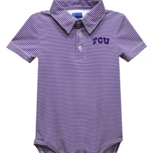 Vive La Fete TCU Horned Frogs Baby PURPLE Pencil Stripe Polo Romper