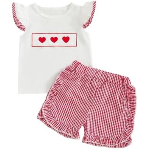 Karuedoo Toddler Baby Girl Valentine's Day Outfit Heart Embroidery Smocked Flutter Sleeve T Shirt Top Plaid Ruffle Shorts Set