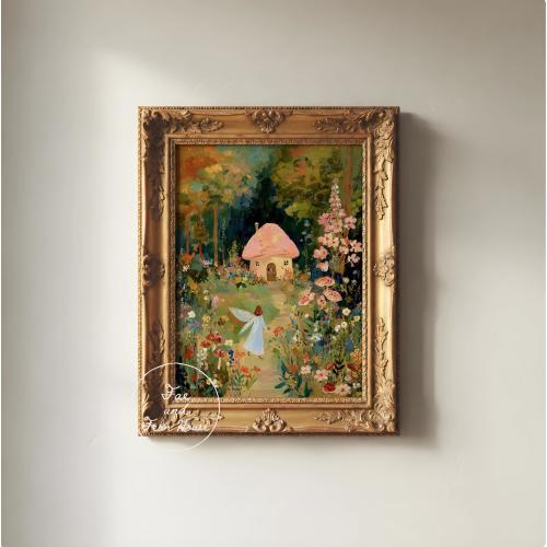 Mushroom Cottage and Fairy Art Print, Whimsical Woodland Wall Art, Enchanted Forest Nursery Decor, Vintage Storybook Poster