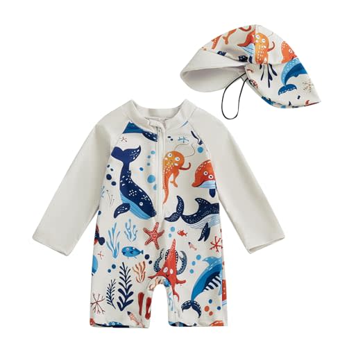 Lucikamy Toddler Baby Boy Girls One Piece Swimsuit Long Sleeve Zipper Bathing Suit with Hat Infant Rash Guard Swimwear