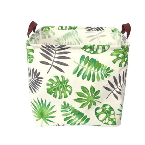 Collapsible Waterproof Storage Basket, Green Leaf Print - Foldable Laundry Hamper & Toy Bin for Home Organization