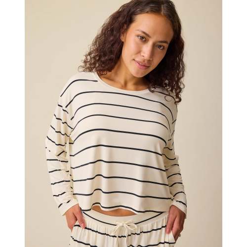 Aria Bamboo Casual Cropped Long Sleeve Top | White & Black Stripe - Kindred Bravely