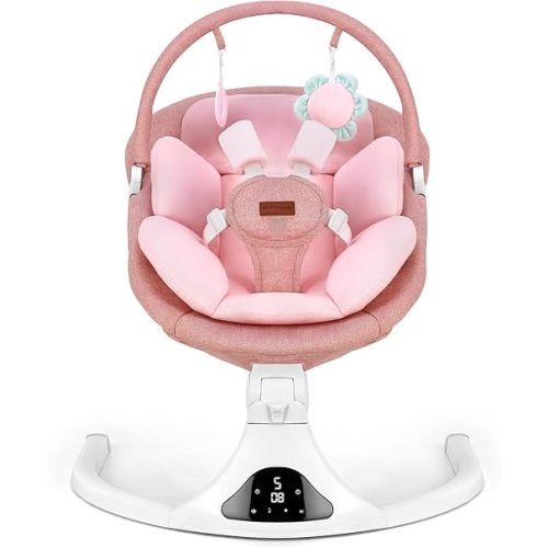 Baby Swing, Infant Swing with Remote Control, 5 Speed Adjustable, Machine Washable Seat Pad, 5 Point Safety Harness, Bluetooth Music, Electric Swing for Babies, Indoor Outdoor Use (Pink)