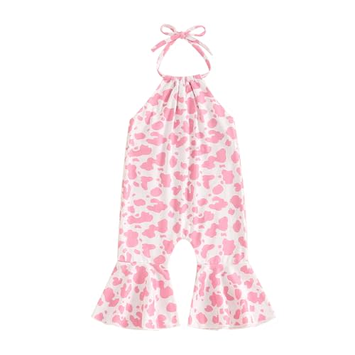 Chloefairy Toddler Baby Girl Bell Bottom Romper Cow Print Overalls Halter Flare Pants Jumpsuit Western Cowgirl Summer Outfit