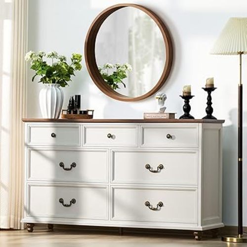 Farmhouse 54" 7 Drawers Dresser for Bedroom, White Wood Chest of Drawers w/ 4 Wooden Legs, Vintage Closet Storage Dressers Organizer for Hallway, Rustic Large TV Stand for Living Room, Foyer