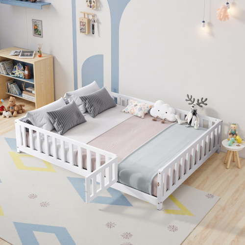 Leumius Full Size Floor Platform Bed Frame with Fence and Door for Kids, Montessori Floor Bed Frame with Support Slats for Toddlers White