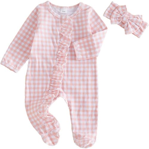 Newborn Baby Girls Plaid Sleeper Footed Pajamas Going Home Outfits Footies