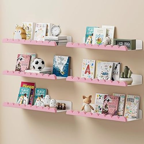6-Pack Nursery Book Shelves, Scalloped Floating Shelves for Wall Kids, 15.7" Wood Wall Book Shelf for Bedroom Kids, Toddler Room, Baby Room, Nursery Decor,White and Pink