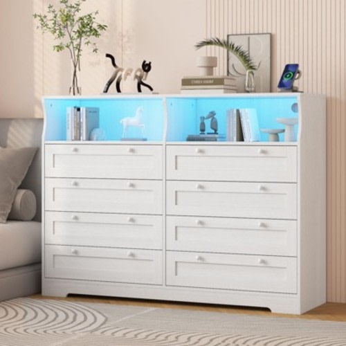 TROPOW Dresser for Bedroom, Large Wooden Dresser with 8 Drawer, 55 Inch Tv Stand Dressers for Bedroom with Power Outlet, Wide Dressers & Chests