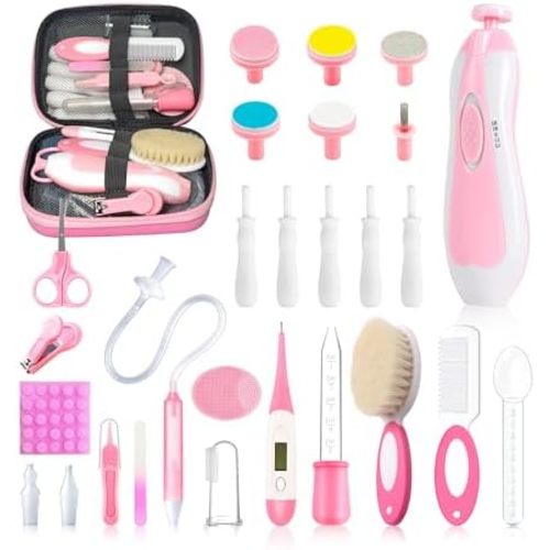 28 in 1 Baby Healthcare and Grooming Kit, Infant Baby Nursery Kit Electric Nail Trimmer Set with Gas Colic Passer Nasal Aspirator Nail Clipper Hair Brush Comb for Newborn Girls Boys (Pink)