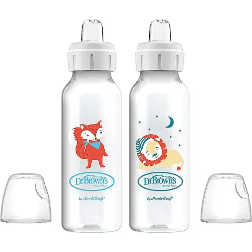 Dr. Brown's Milestones Narrow Sippy Bottle, 100% Silicone Soft Sippy Spout, 8oz/250mL, 6m+, Fox & Lion, 2 Pack
