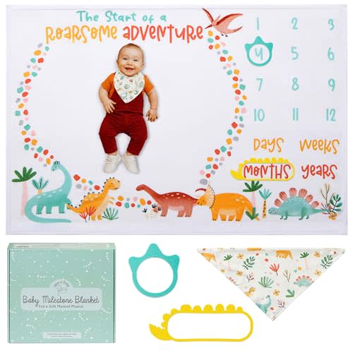 Bliss n' Baby Monthly Milestone Blanket for Baby Boys & Girls - 60"x40" - Wrinkle Free Newborn Age Month Blanket with Growth Chart - Washable & Dryable - w/Frames & Bib - Dinosaur Theme Baby Gift Set