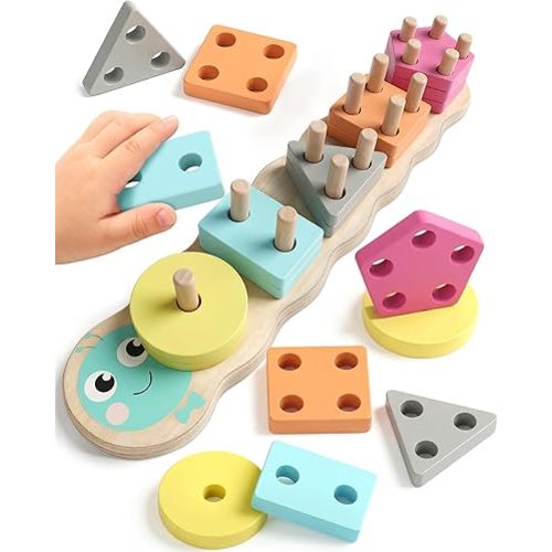 Zeewoo Montessori Toys for 1 2 Year Old Girl Gifts Educational for 1-3 Year Old Caterpillar Wooden Shape Sorter Stacking Toys for Toddlers 2-4 Preschool Learning Toy Birthday Boy Girl Gift