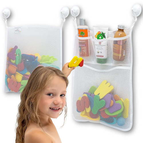 Sherry 2-Pack Mesh Bath Toy Organizer + Extra Strong Hooks Bathtub Toy Holder Bathroom Shower Shelf Multipurpose Mesh Bag Conveniently Stores Bath Toys (Upgraded + Enhanced)