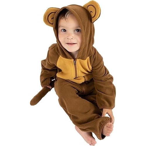Cuddle Club One Piece Romper Hooded Fleece Onesie Jumper for Baby, Monkey Brown/Tan 6-12 Mos