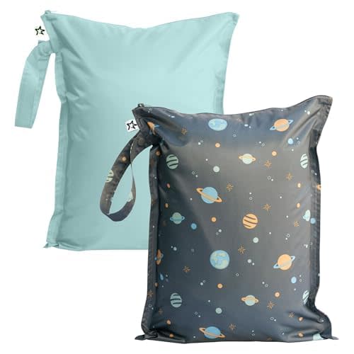 Tiny Twinkle Wet Dry Bag – 2 Pack Reusable Waterproof & Mess Proof Wet Bags for Swimsuits & Travel, Baby Towels & Beach Essentials, a Diaper Bag Must-Have (Space, Ice Blue)