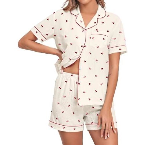 SWOMOG Women 2 Piece Pajamas Sets Short Sleeve Pj Sets Cute Printed Sleepwear Button Down Shirt with Lounge Shorts Set