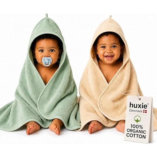 Huxie Hooded Baby Towels – 100% Organic Cotton Baby Bath Towels – Baby Boy and Girl Newborn Essentials - Super-Soft and Absorbent.(2-Pack Fog and Roman Green)