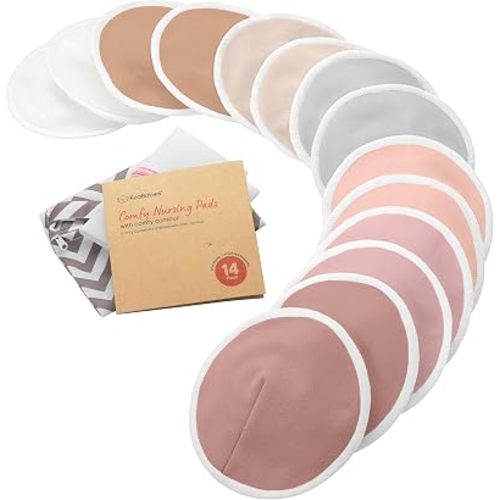 Organic Nursing Pads, 14 Washable Breast Pads,Wash Bag (Lovelle, L 4.6")