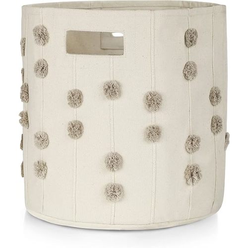 MakeMake Organics Storage Bins for Kids Nursery Bin Organizer (13"x12") Laundry Basket for Closet, Decorative Floor Storage Basket Canvas Fabric Storage Basket (Pompom - Oat)
