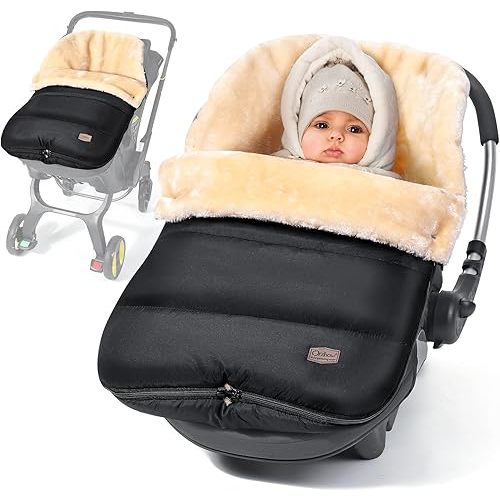 Orzbow Faux Sheepskin Winter Car Seat Cover for Babies, Water Repellent Bunting Bag for Car Seats & Strollers, Warm and Cozy Carseat Footmuff to Protect Baby from Cold Wind, Machine Washable, Black